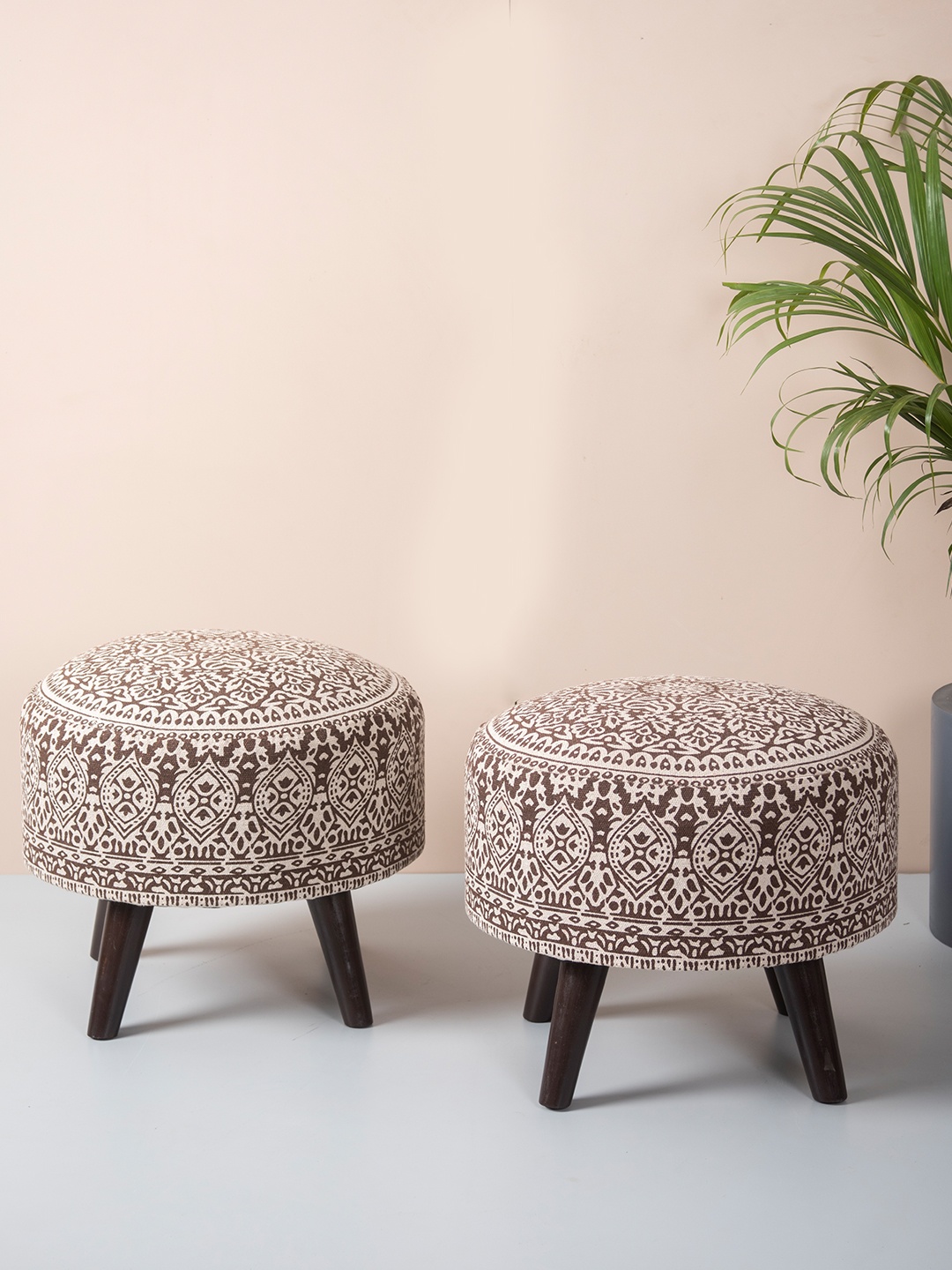 

nestroots Set Of 2 Brown & Beige Printed Wood Cotton Poufy Ottomans