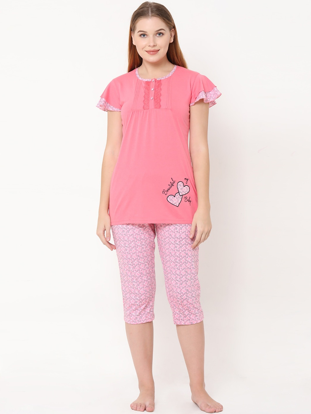 

Sweet Dreams Women Pink Printed Capri Night suit
