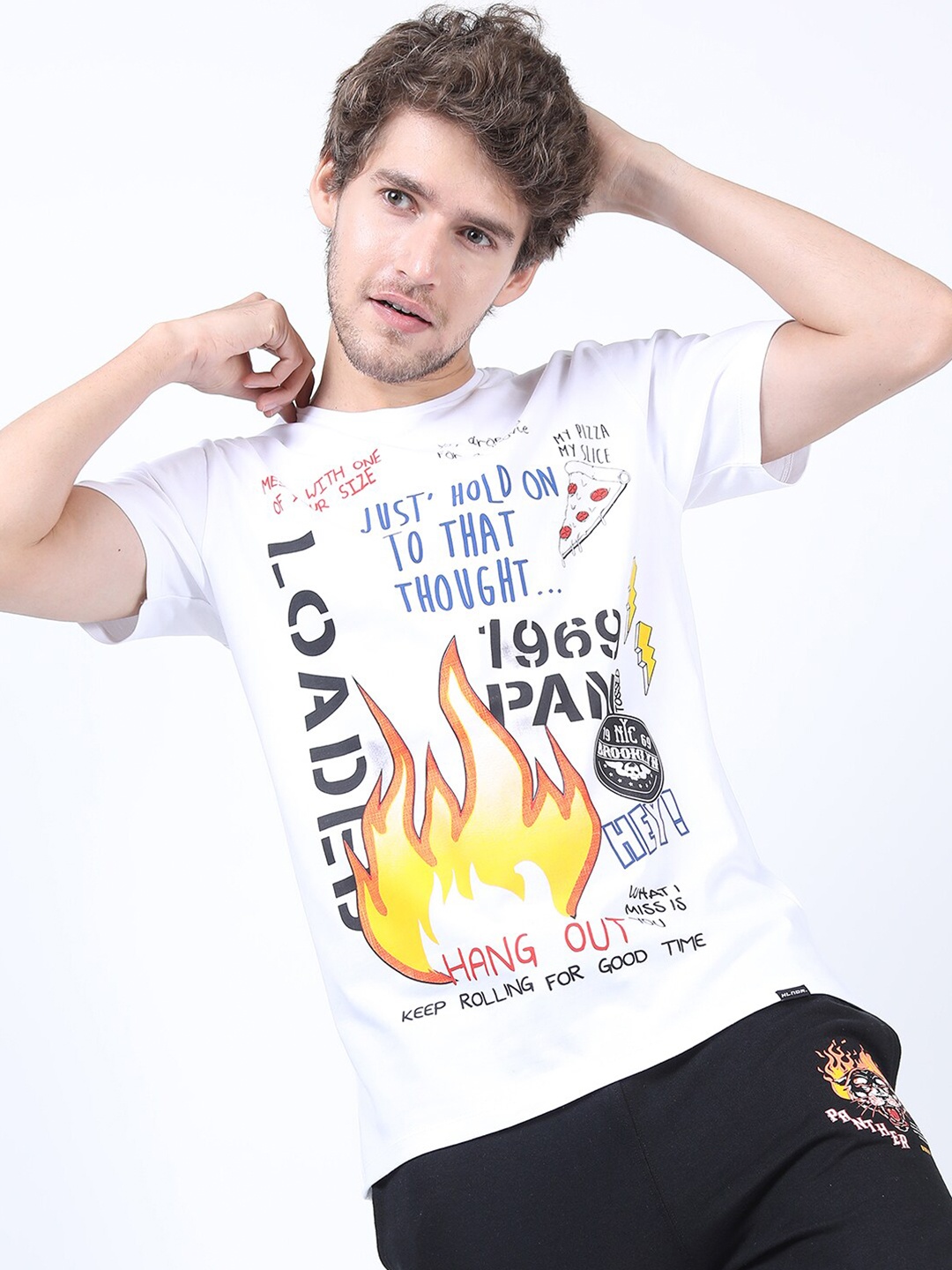 

HIGHLANDER Men White & Black Typography Printed Slim Fit Cotton T-shirt