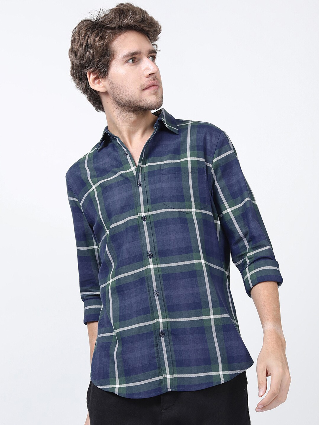 

HIGHLANDER Men Navy Blue Slim Fit Windowpane Checks Checked Casual Shirt