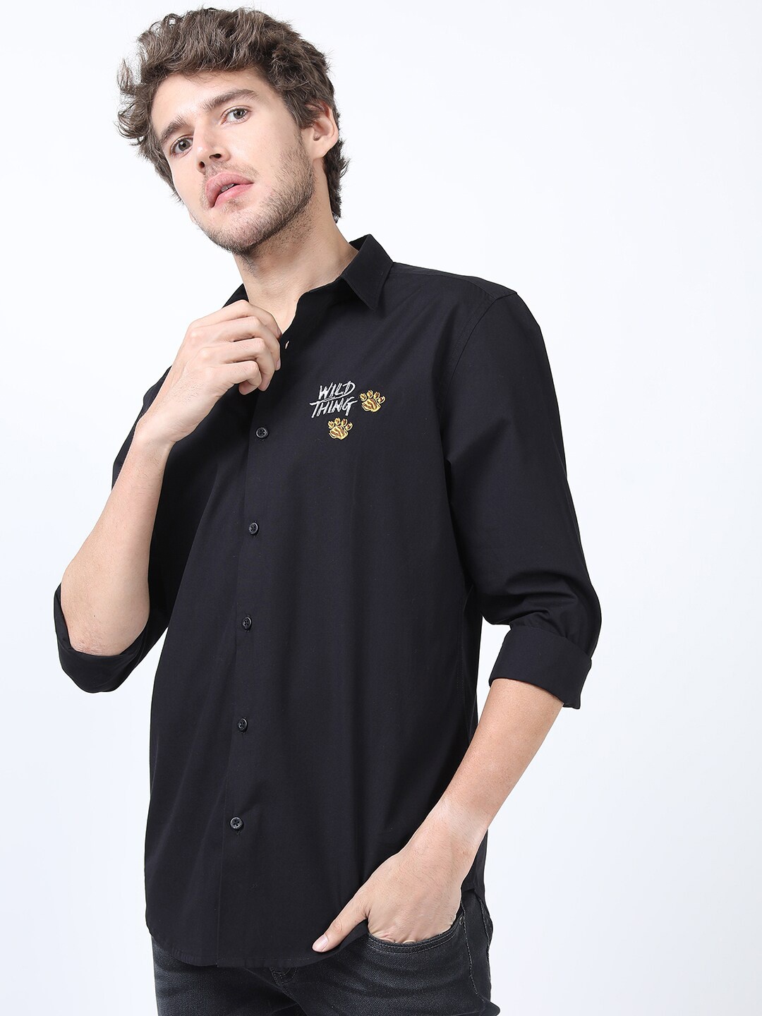 

HIGHLANDER Men Black Slim Fit Cotton Casual Shirt