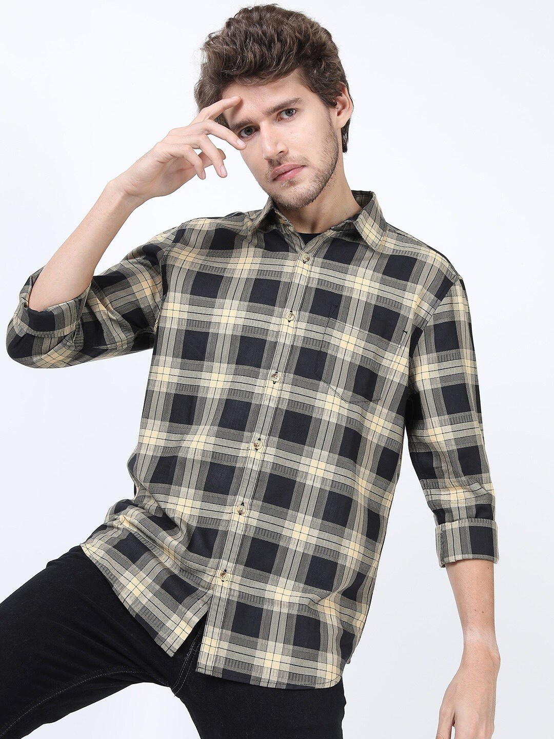 

HIGHLANDER Men Black Slim Fit Tartan Checks Checked Casual Shirt