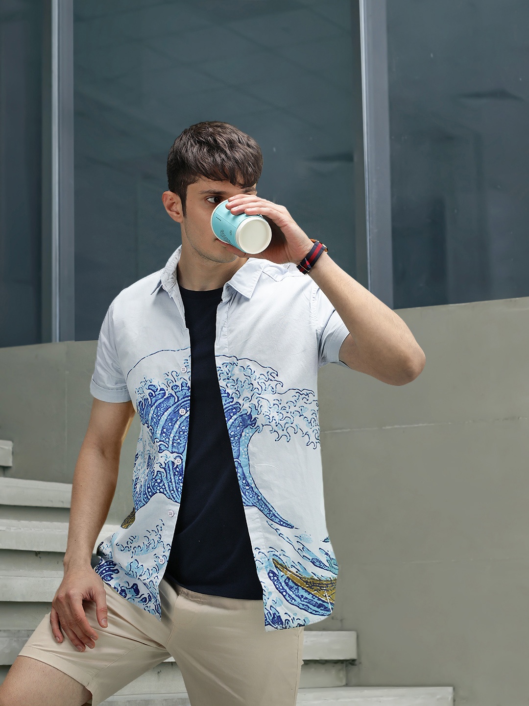 

HIGHLANDER Men Blue Slim Fit Printed Cotton Casual Shirt