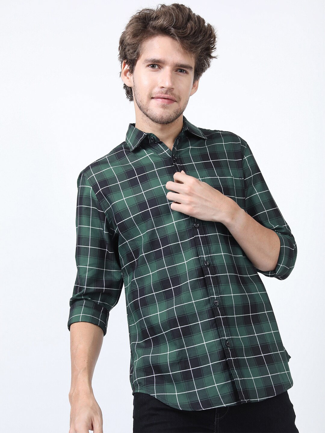 

HIGHLANDER Men Black Slim Fit Tartan Checks Checked Casual Shirt