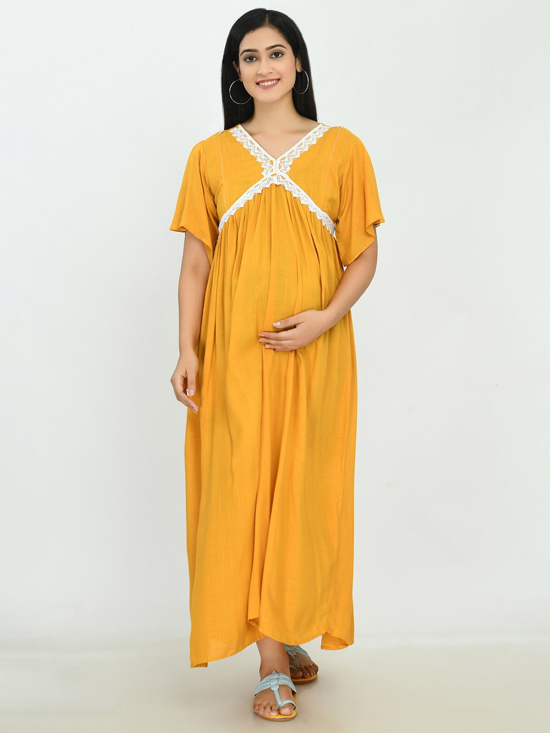 

KALINI Women Mustard Yellow Maternity Maxi Dress