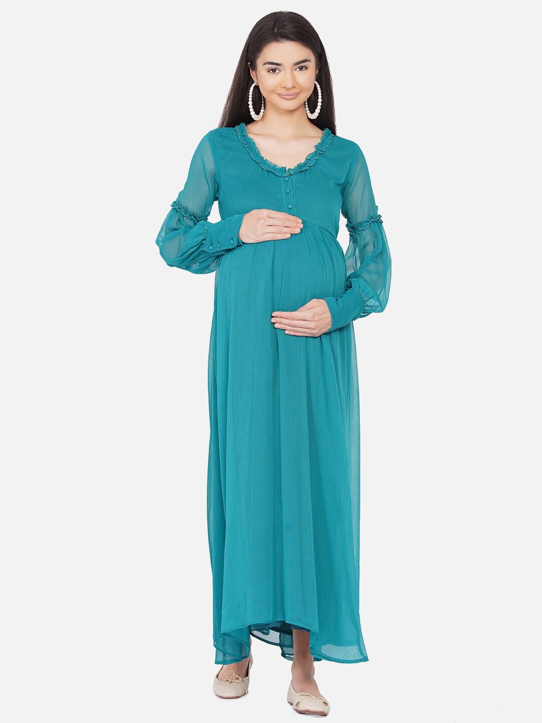 

Mine4Nine Women Green Chiffon Maternity Maxi Dress