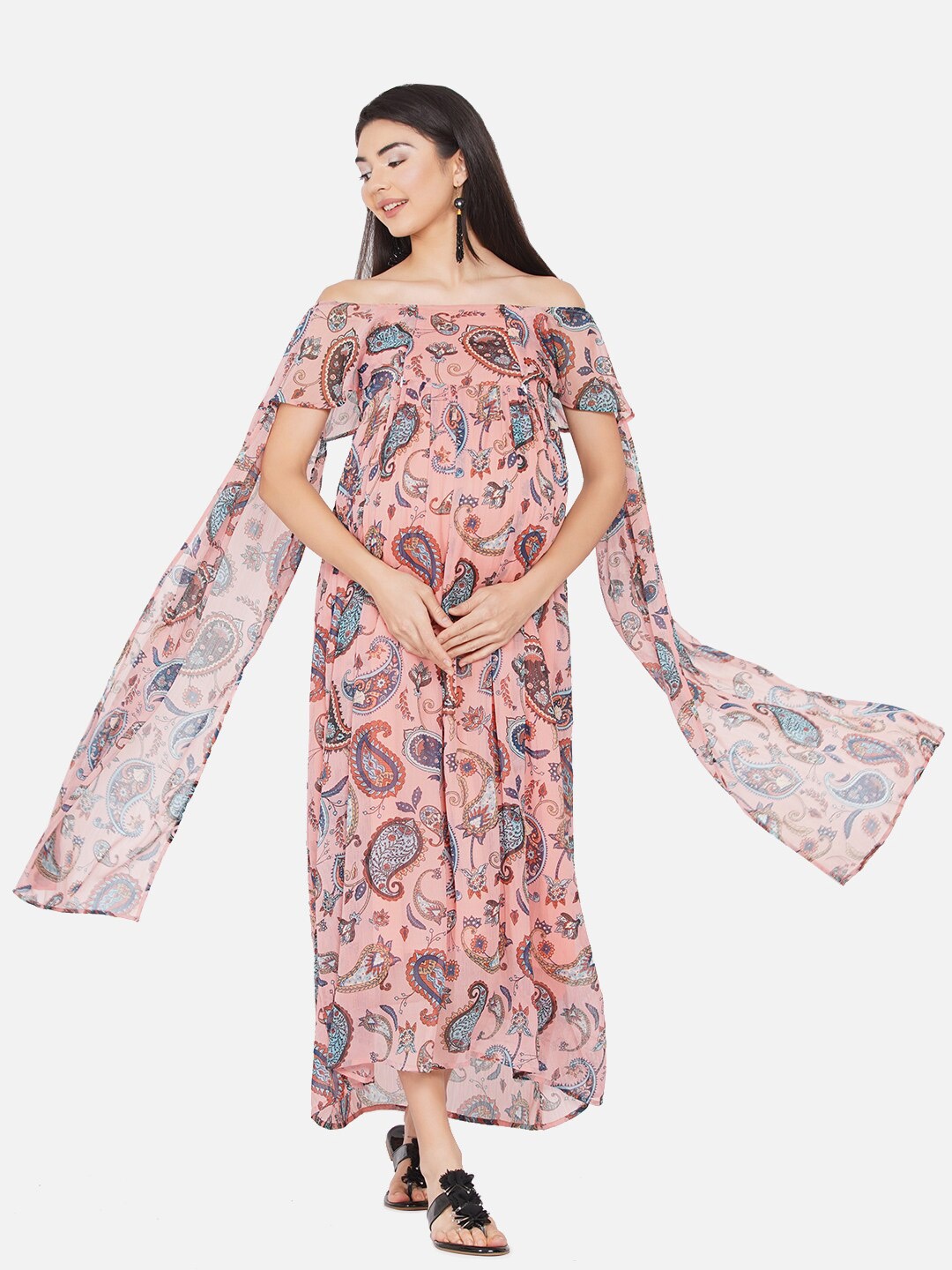 

Mine4Nine Women Peach-Coloured Floral Off-Shoulder Chiffon Maternity Maxi Dress