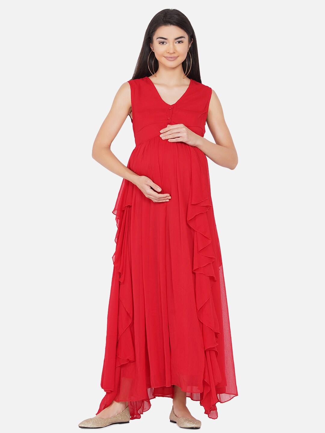 

Mine4Nine Women Red Chiffon Maternity Maxi Dress