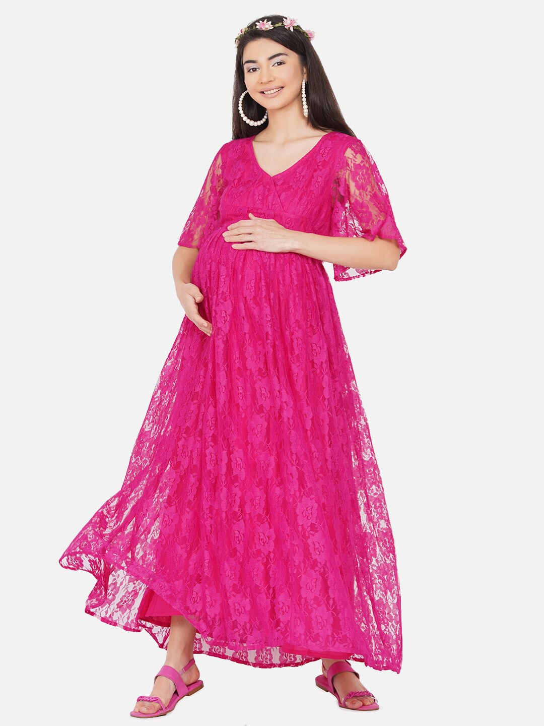 

Mine4Nine Women Pink Floral Net Maternity A-Line Maxi Dress