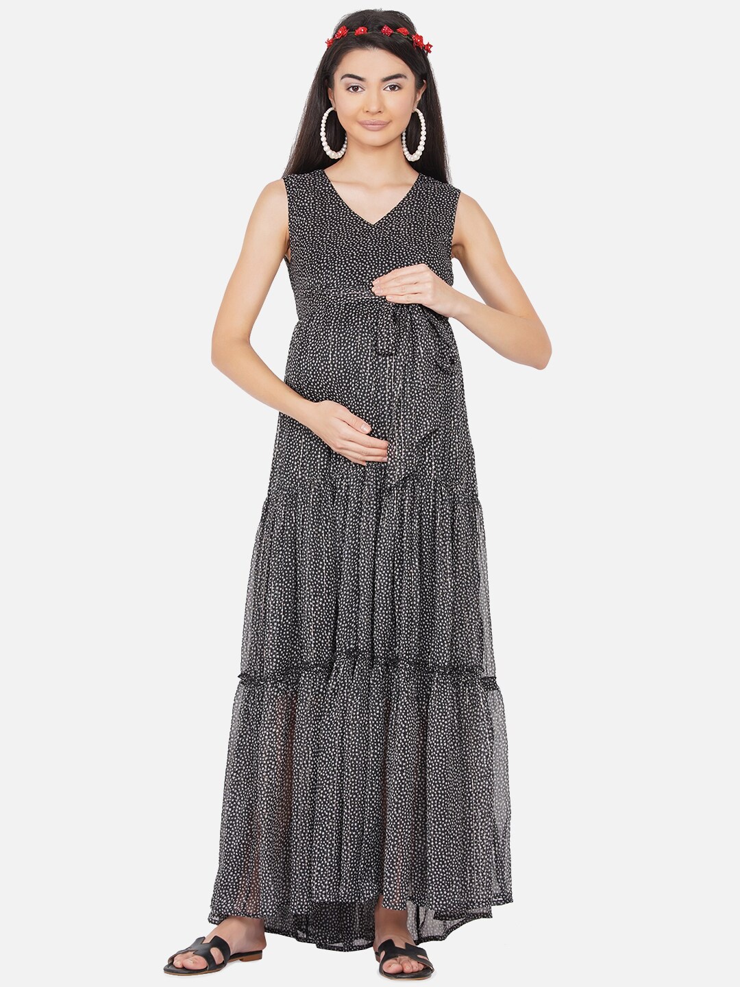 

Mine4Nine Women Black Chiffon Maternity Maxi Dress