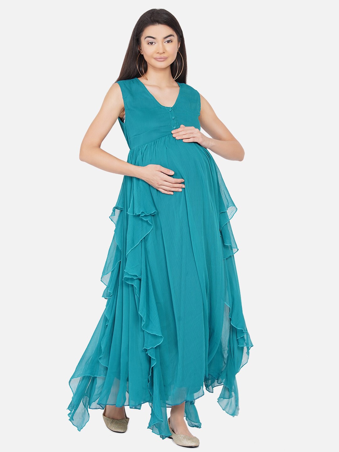 

Mine4Nine Women Green Chiffon Maternity Maxi Dress