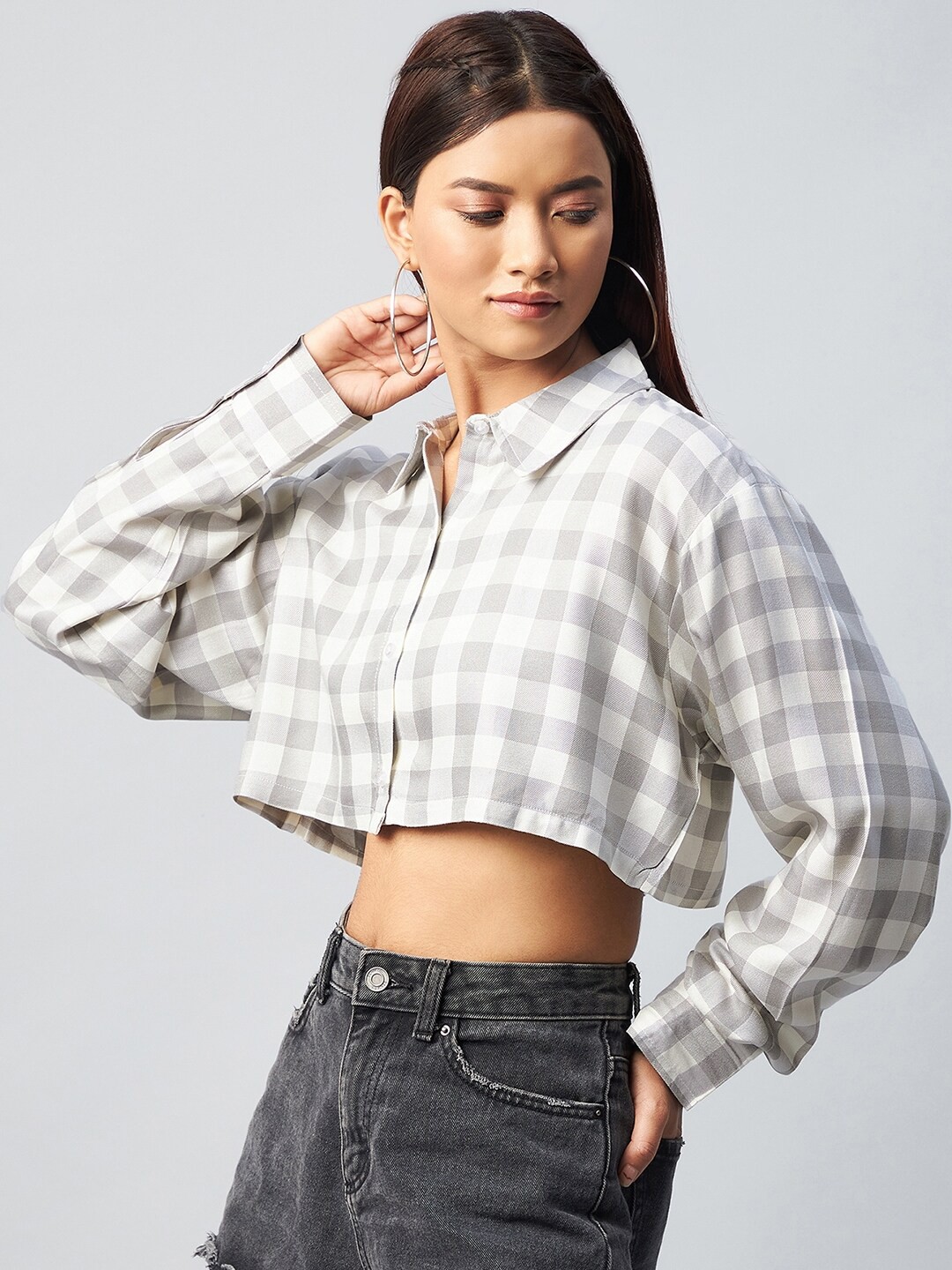 

CHIMPAAANZEE Women Grey Relaxed Buffalo Checks Checked Casual Shirt