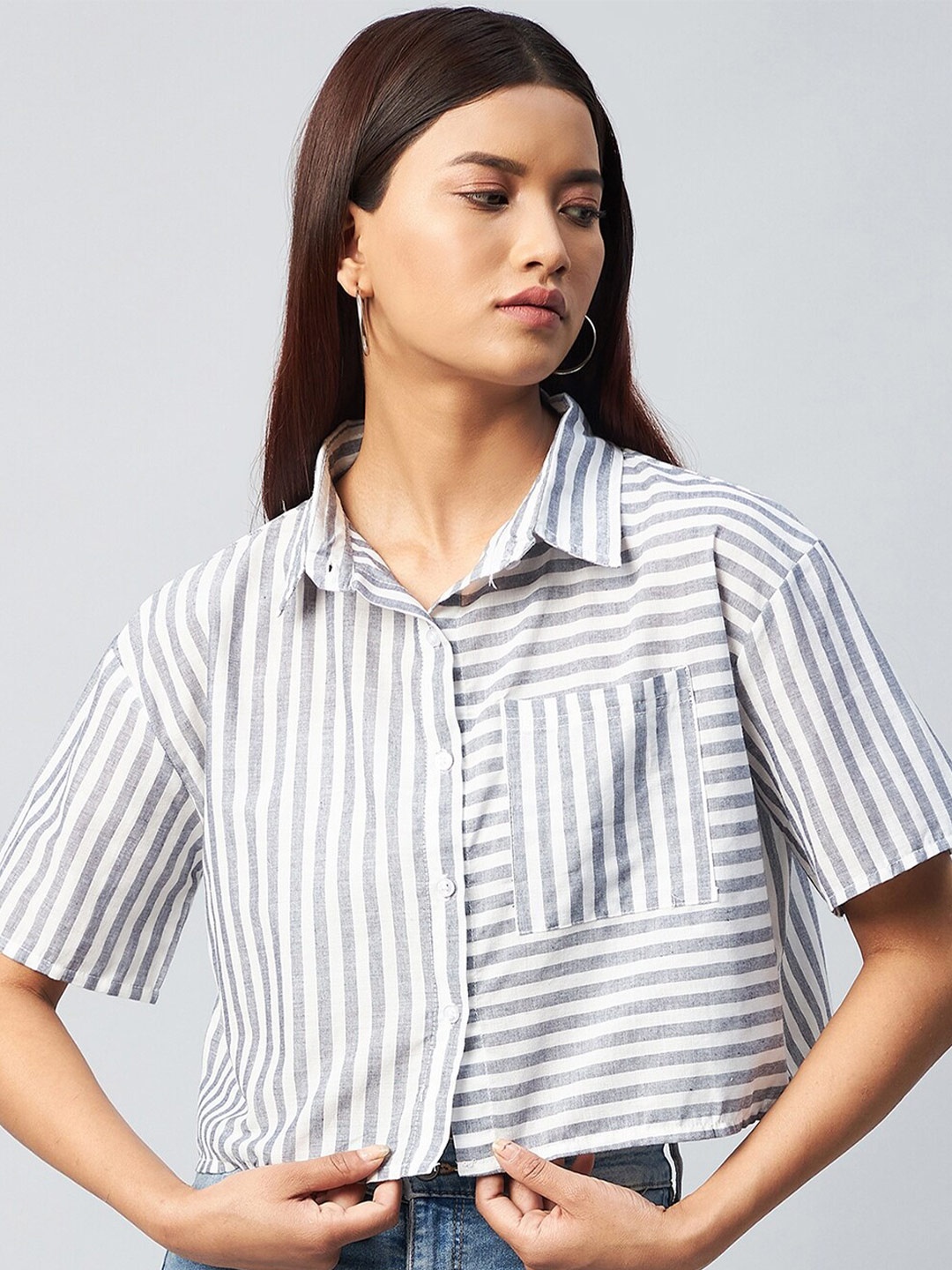 

CHIMPAAANZEE Women Grey Relaxed Boxy Striped Casual Shirt