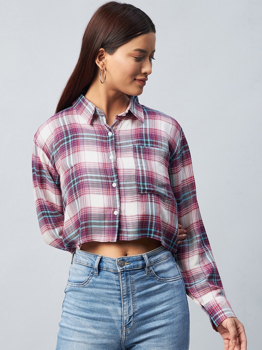 

CHIMPAAANZEE Women Pink Relaxed Boxy Tartan Checks Checked Casual Shirt