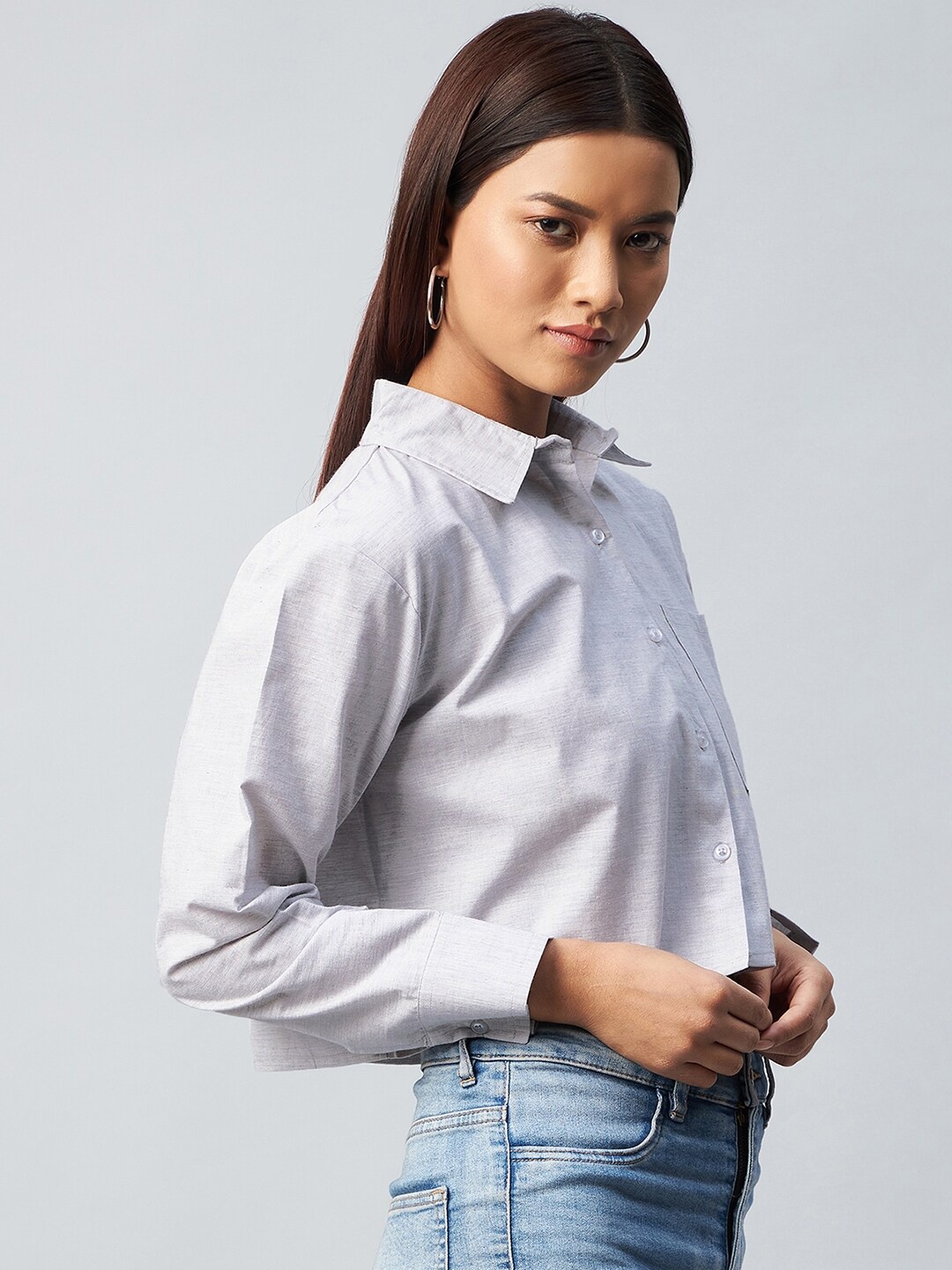 

CHIMPAAANZEE Women Grey Relaxed Crop Boxy Casual Shirt