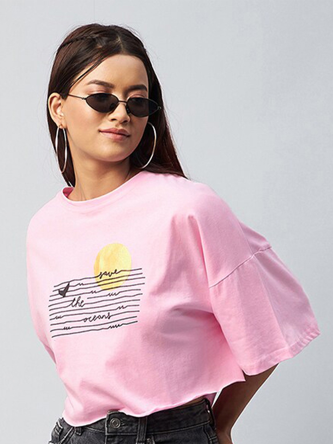 

CHIMPAAANZEE Women Pink Printed Oversized Cotton T-shirt
