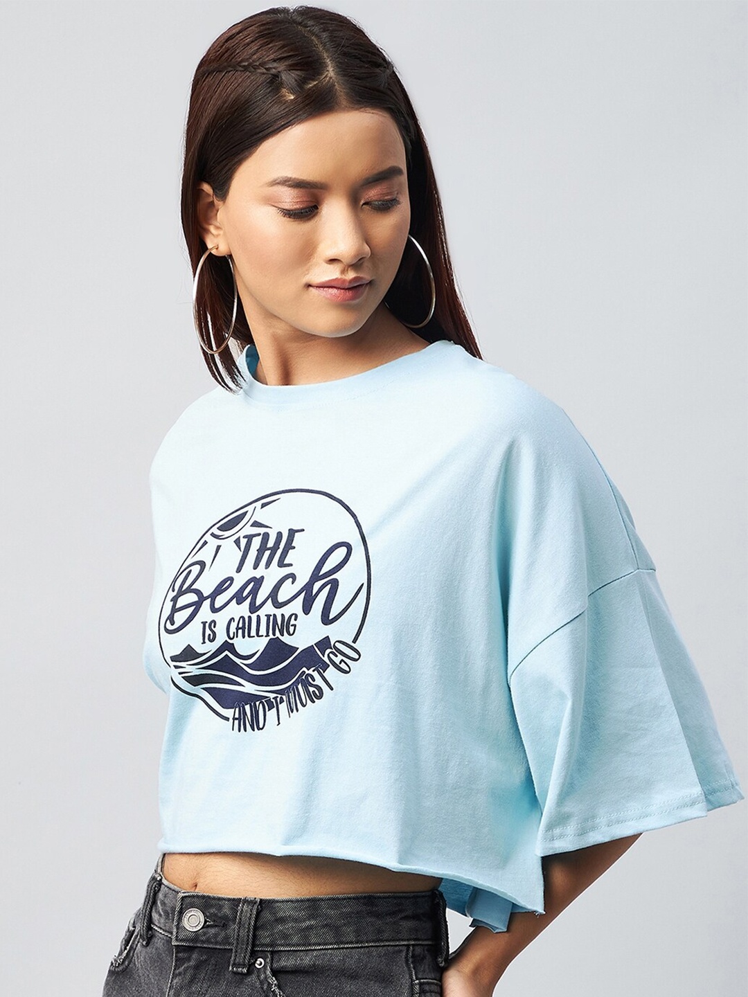 

CHIMPAAANZEE Women Blue Printed Drop-Shoulder Sleeves Oversized Cotton T-shirt