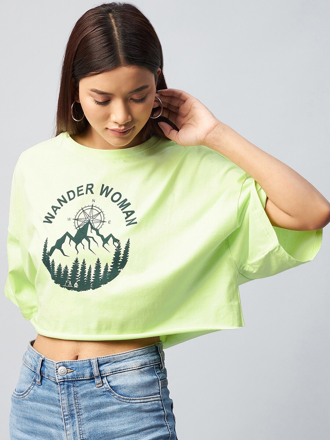

CHIMPAAANZEE Women Green Printed Drop-Shoulder Sleeves Oversized Cotton T-shirt