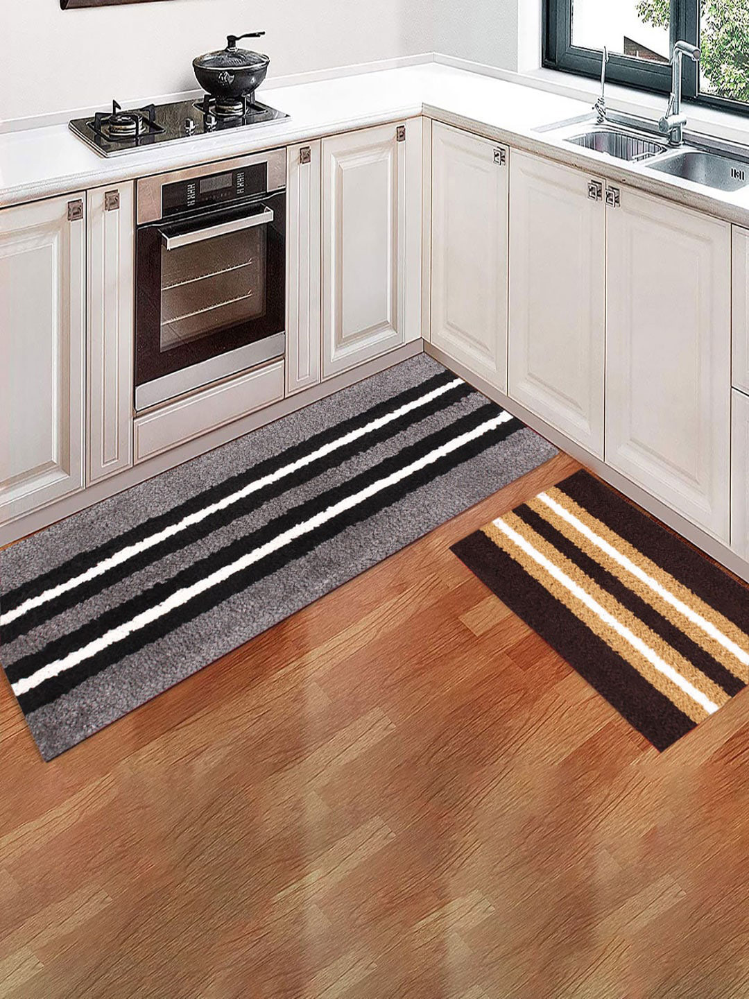 

LUXEHOME INTERNATIONAL Set Of 2 Brown & Grey Striped Rectangular Runners