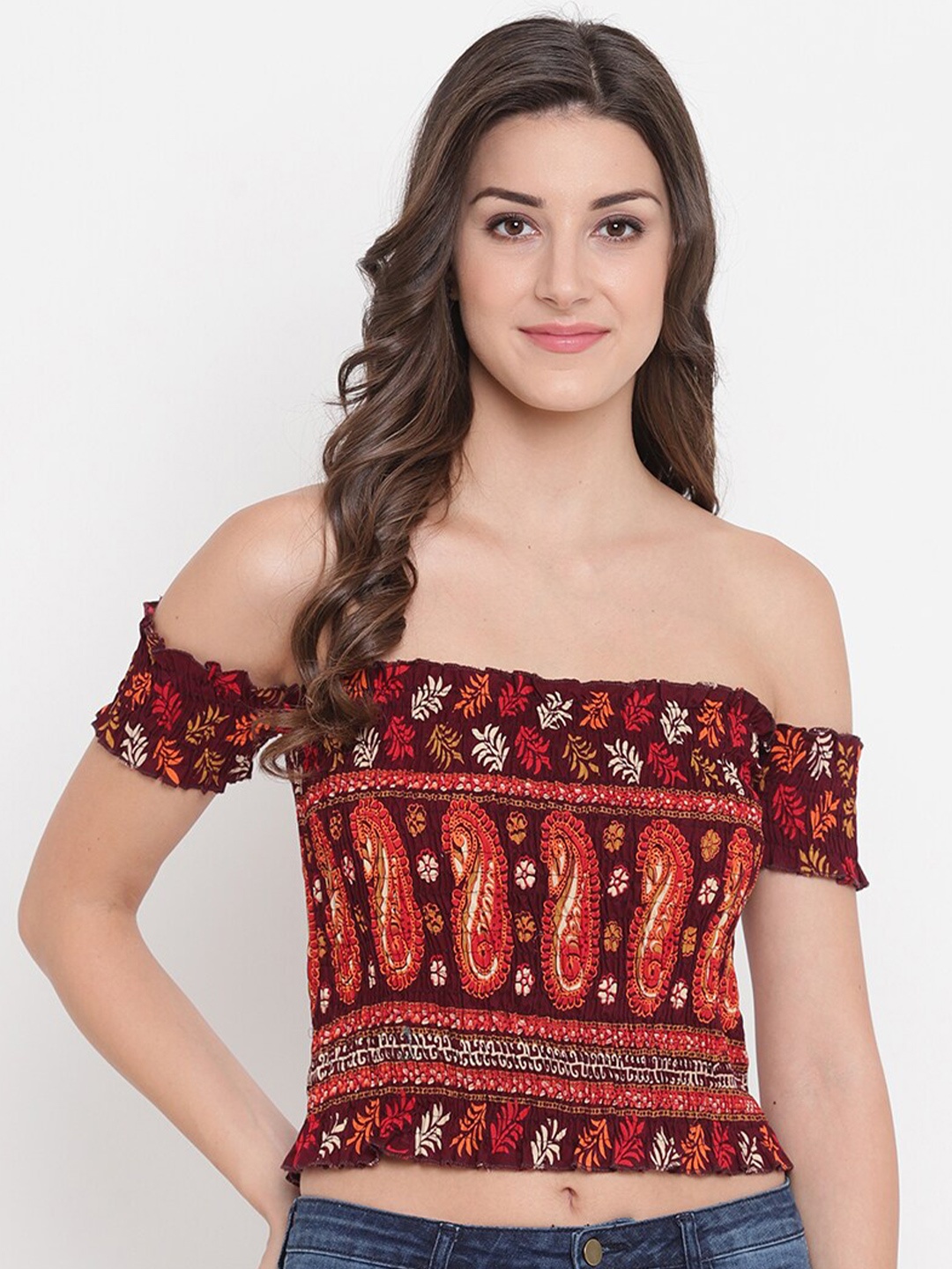 

Aawari Women Maroon Print Off-Shoulder Cotton Bardot Crop Top