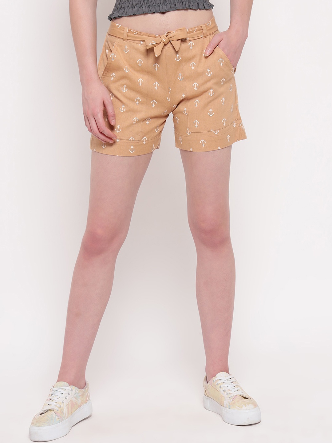 

Aawari Women Tan Printed High-Rise Cotton Shorts