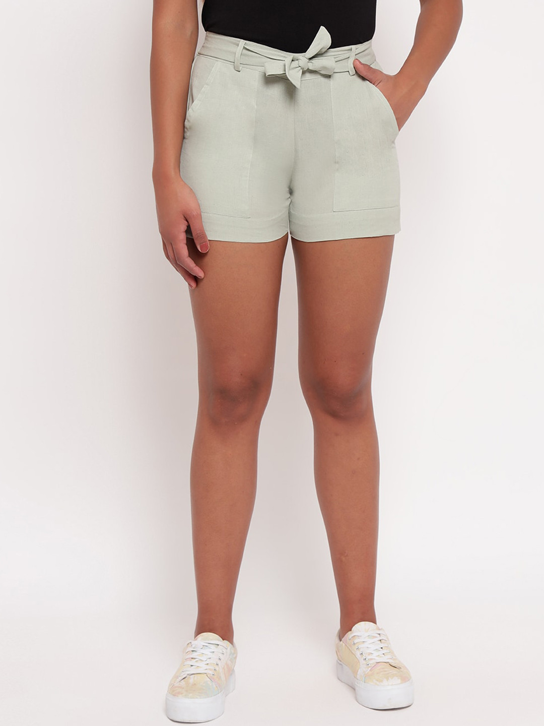 

Aawari Women Green High-Rise Cotton Shorts