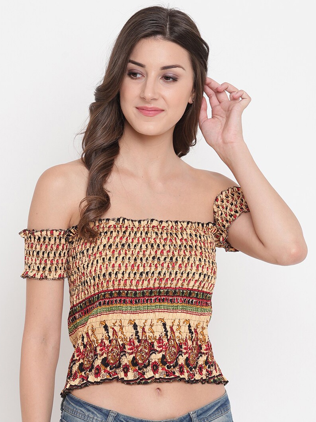 

Aawari Women Beige Print Off-Shoulder Cotton Bardot Crop Top