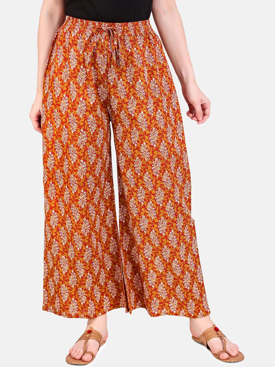 

Aawari Women Orange Ethnic Motifs Printed High-Rise Trousers