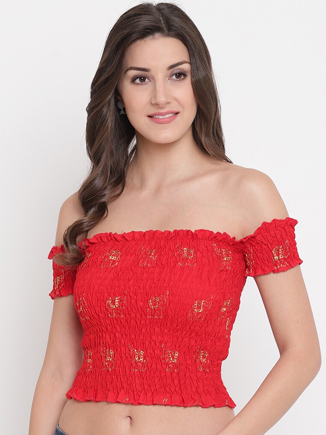 

Aawari Women Red Off-Shoulder Bardot Crop Top