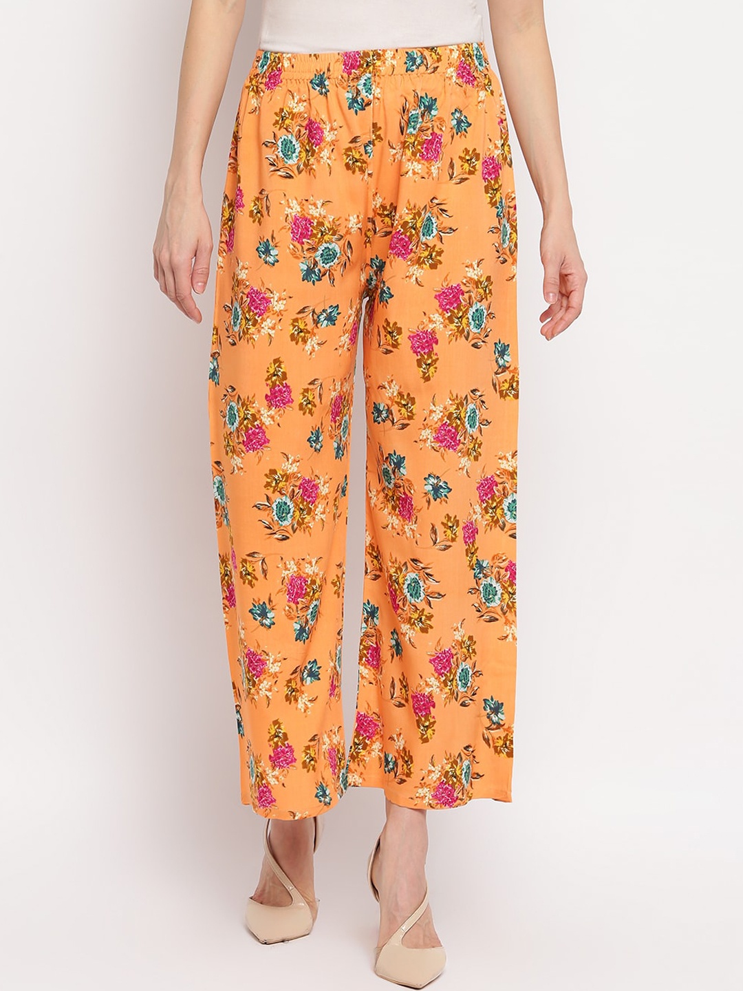 

Aawari Women Yellow Floral Printed High-Rise Trousers
