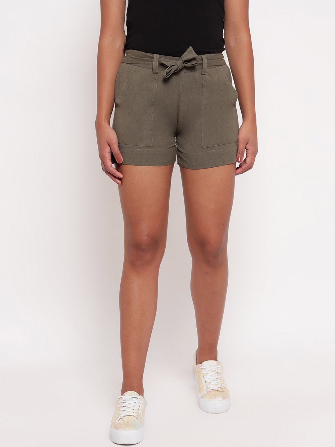 

Aawari Women Green High-Rise Cotton Shorts