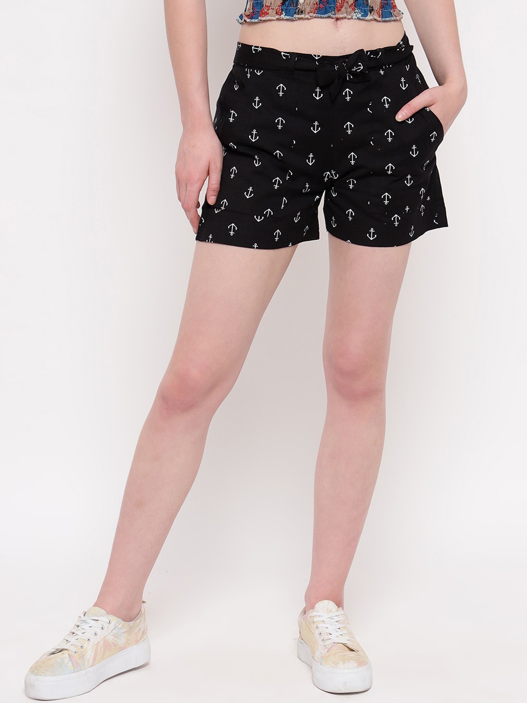 

Aawari Women Black Floral Printed High-Rise Cotton Shorts