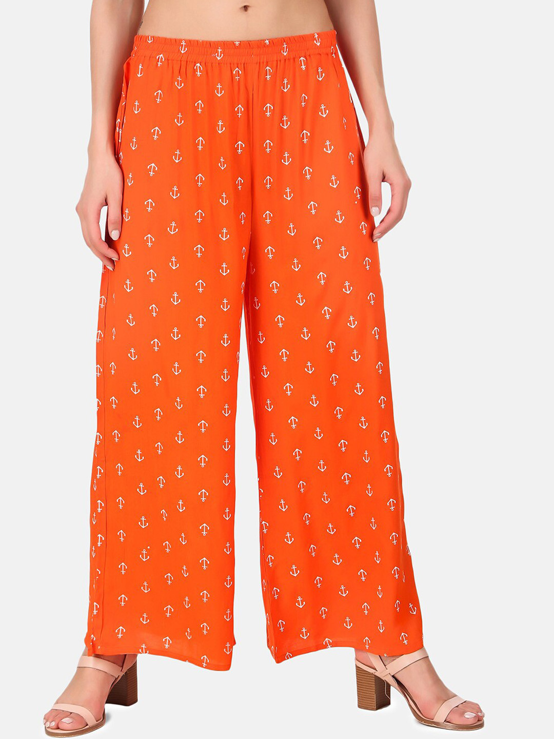 

Aawari Women Orange Printed High-Rise Pleated Trousers