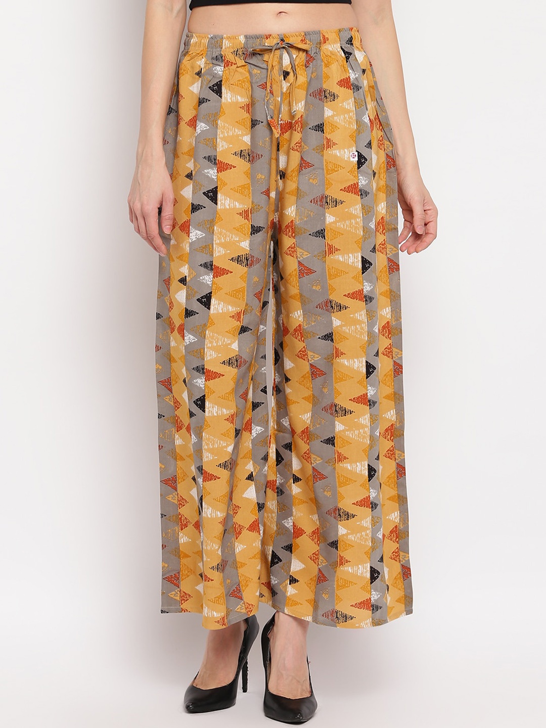 

Aawari Women Mustard Yellow Printed High-Rise Trousers