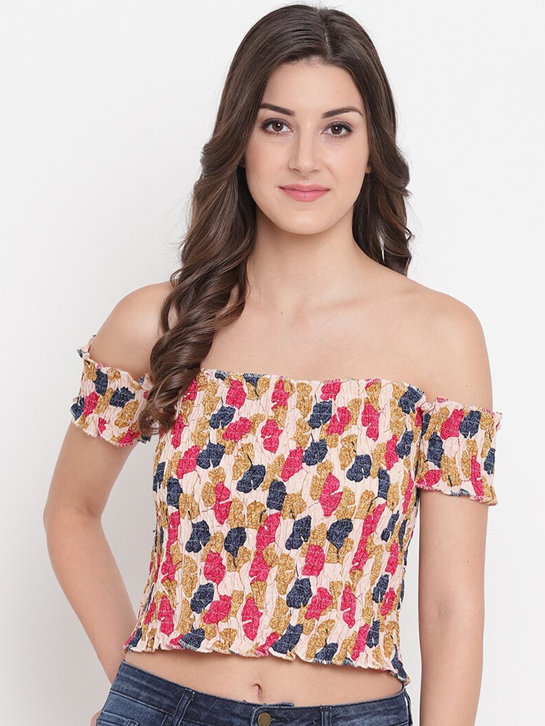 

Aawari Women Multicoloured Floral Print Off-Shoulder Cotton Bardot Crop Top, Multi