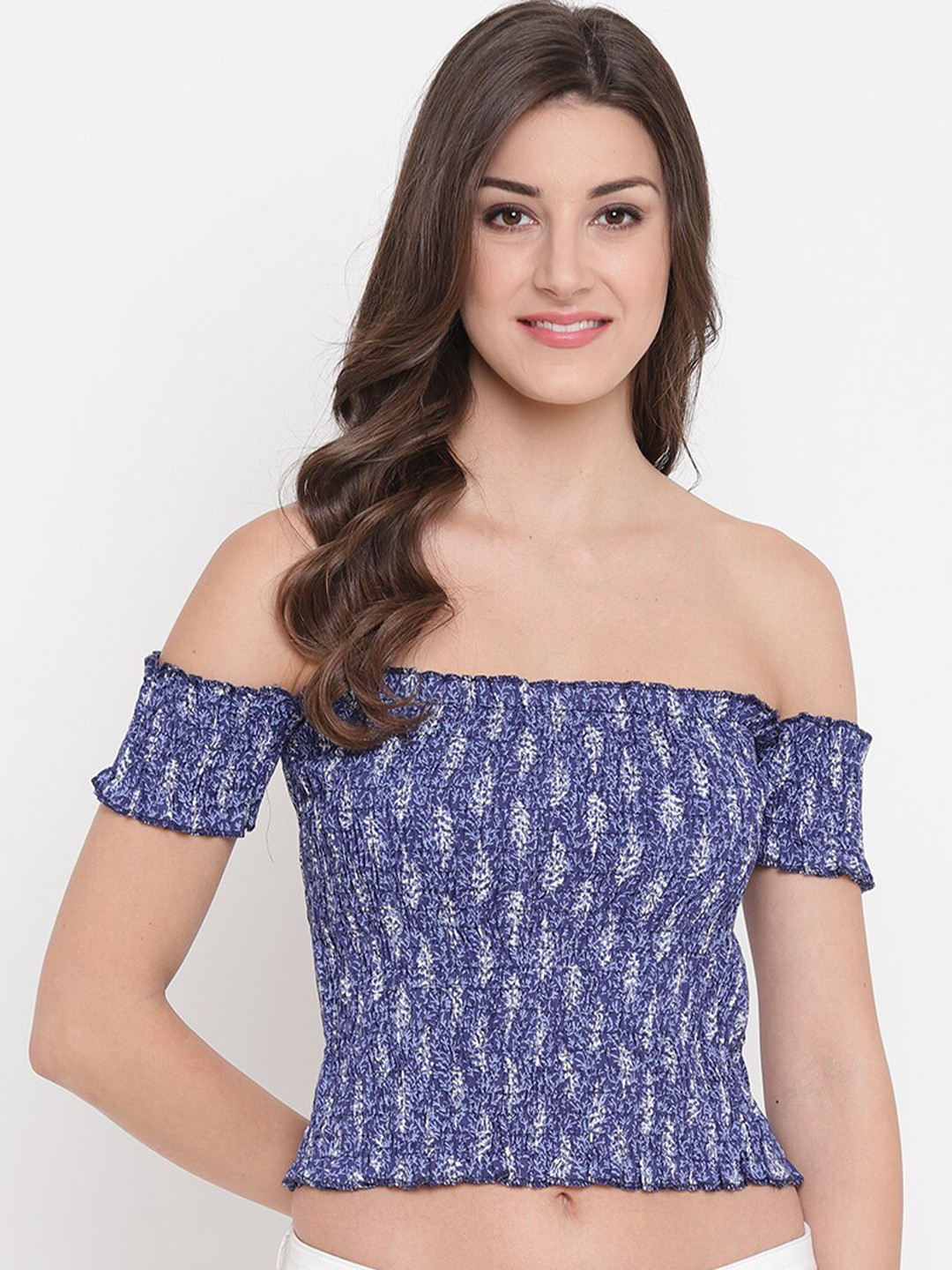 

Aawari Women Blue Floral Print Off-Shoulder Cotton Bardot Crop Top