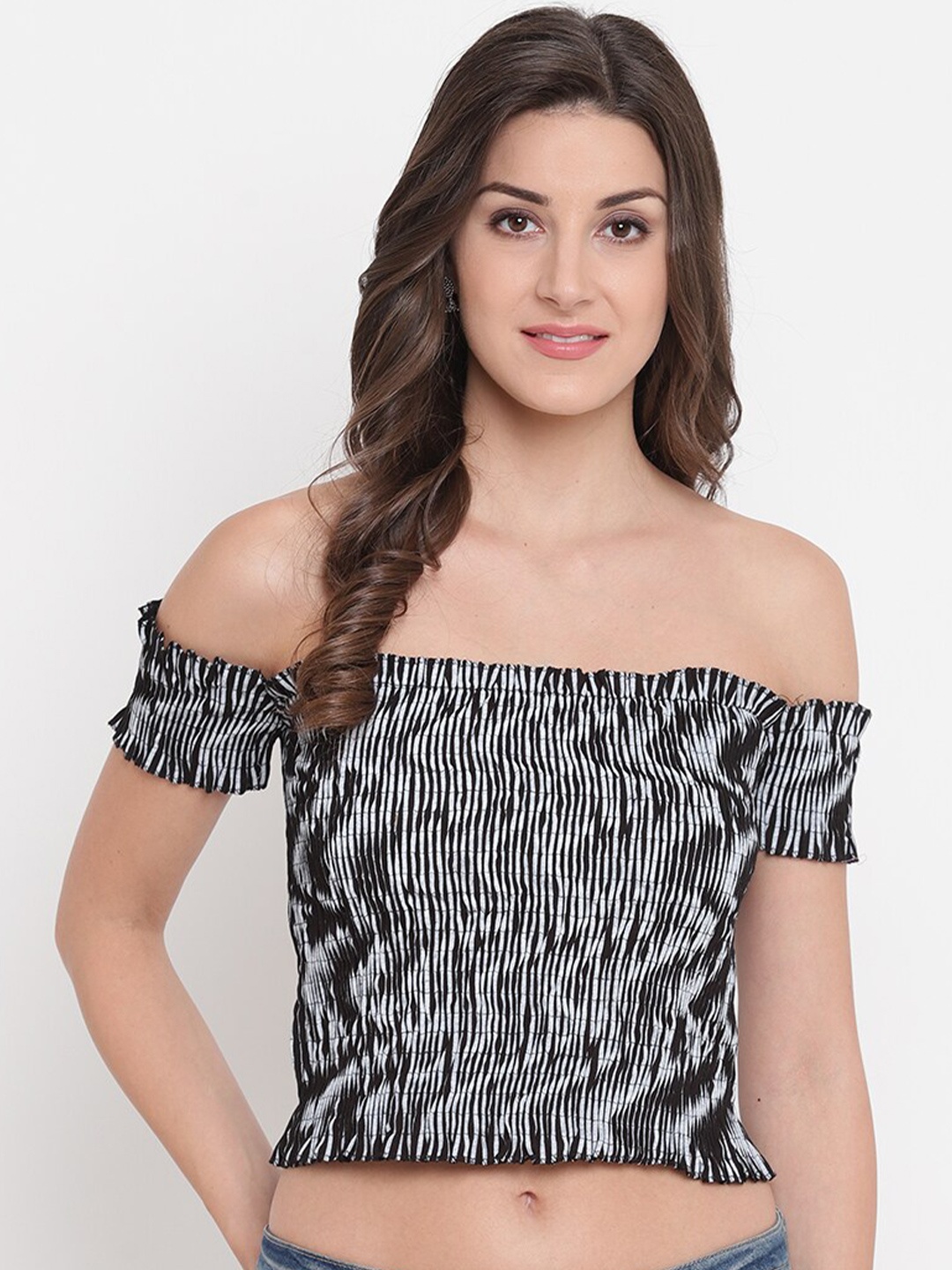 

Aawari Women Black & White Print Off-Shoulder Cotton Bardot Crop Top
