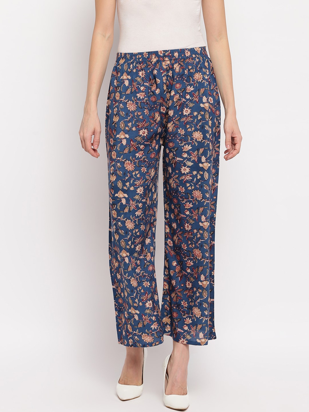 

Aawari Women Blue Floral Printed High-Rise Trousers