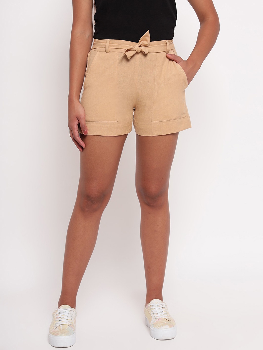 

Aawari Women Tan High-Rise Cotton Shorts