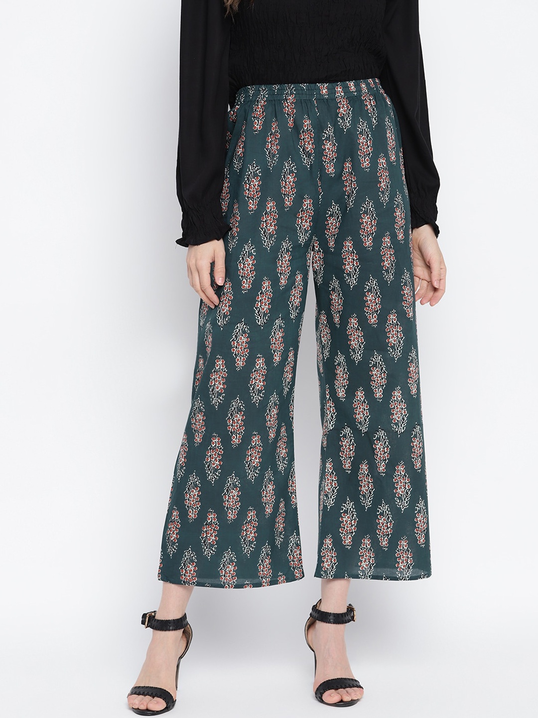 

Aawari Women Teal Ethnic Motifs Printed High-Rise Trousers