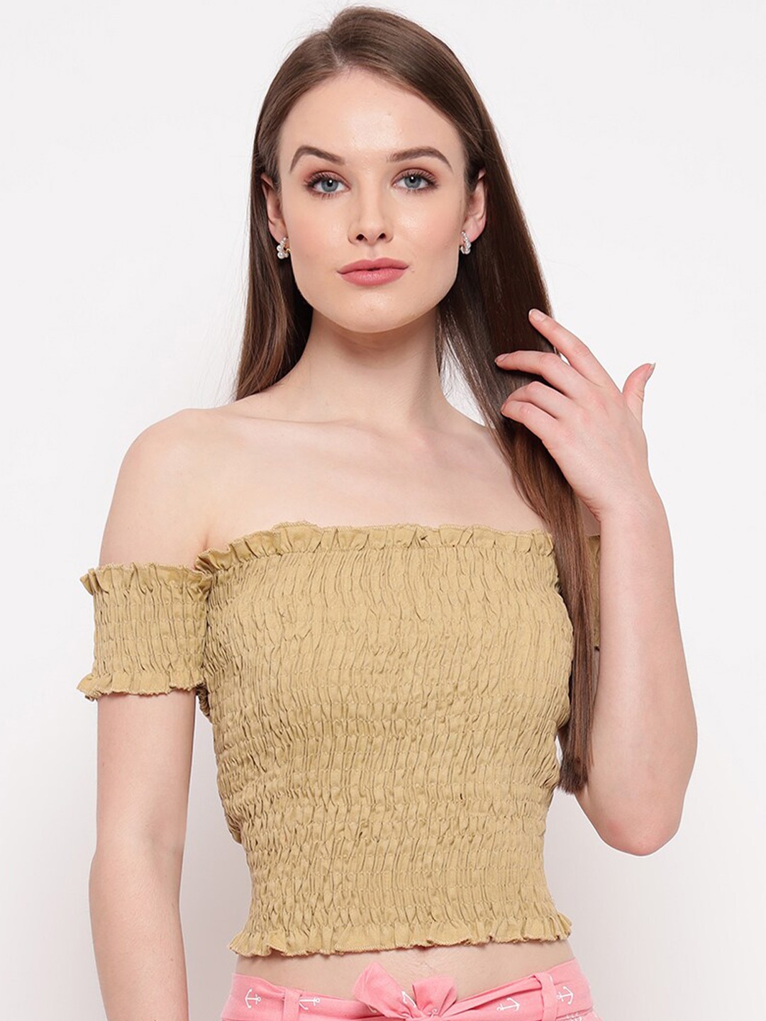 

Aawari Women Beige Off-Shoulder Cotton Bardot Crop Top