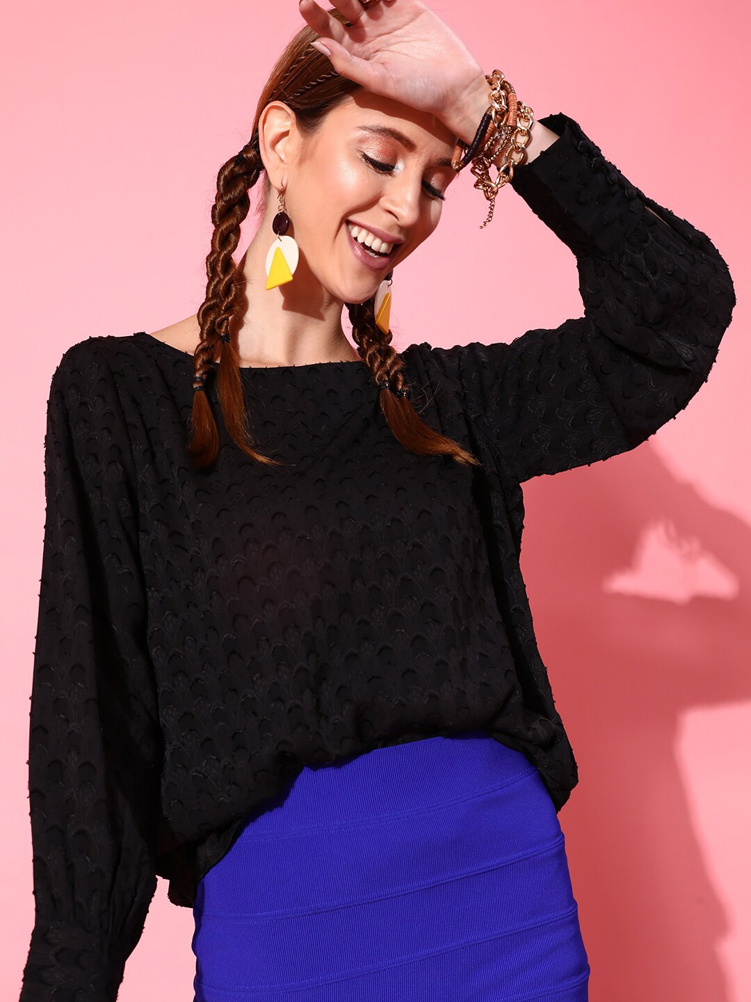 

STREET 9 Black Solid Jacquard Top