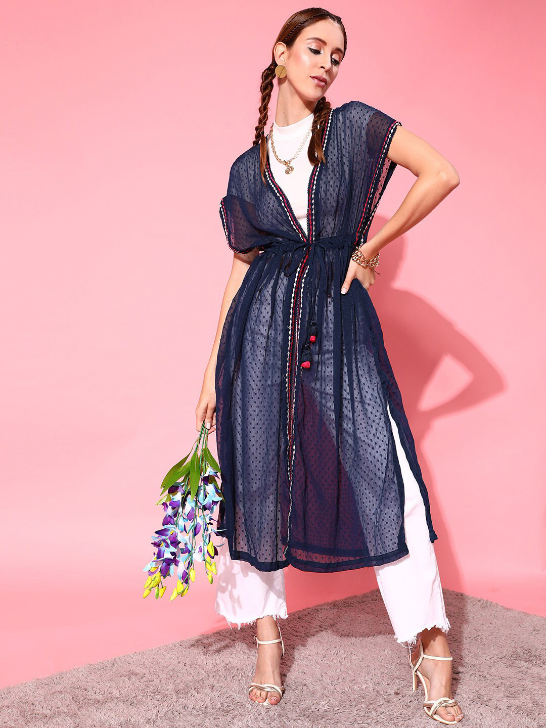 

STREET 9 Women Navy Blue & Red Printed Longline Shrug