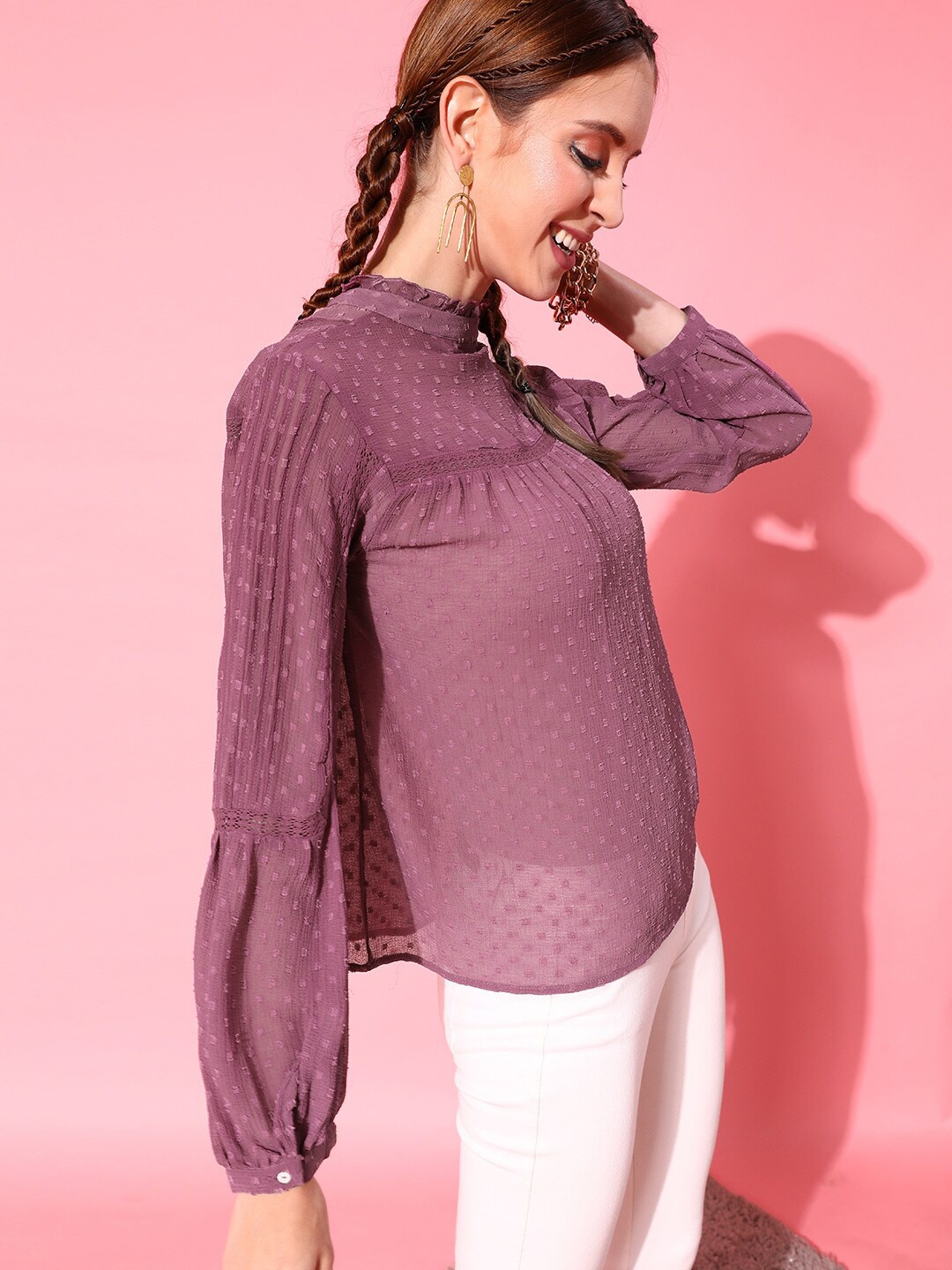 

STREET 9 Mauve Self Design High Neck Chiffon Top