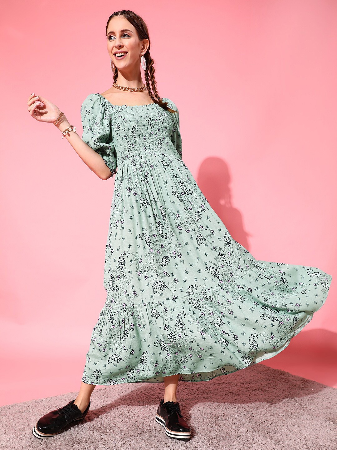 

STREET 9 Green Floral Smocked Maxi Dress