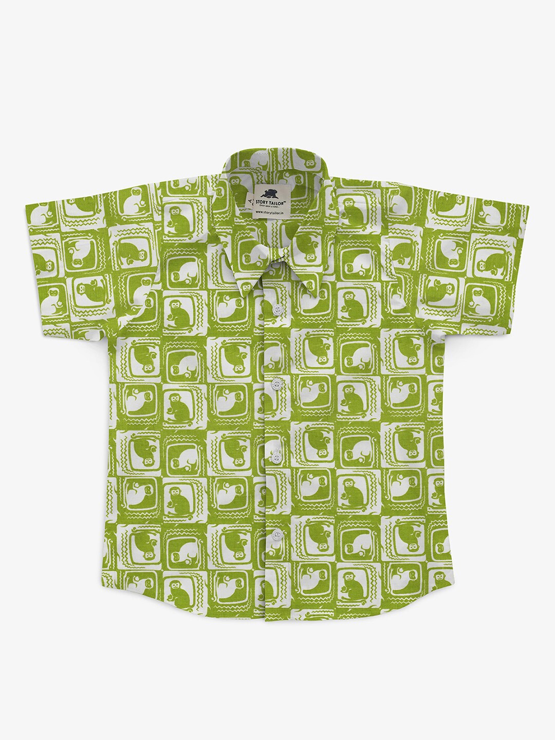 

STORY TAILOR Boys Lime Green & White Comfort Printed Cotton Casual Shirt