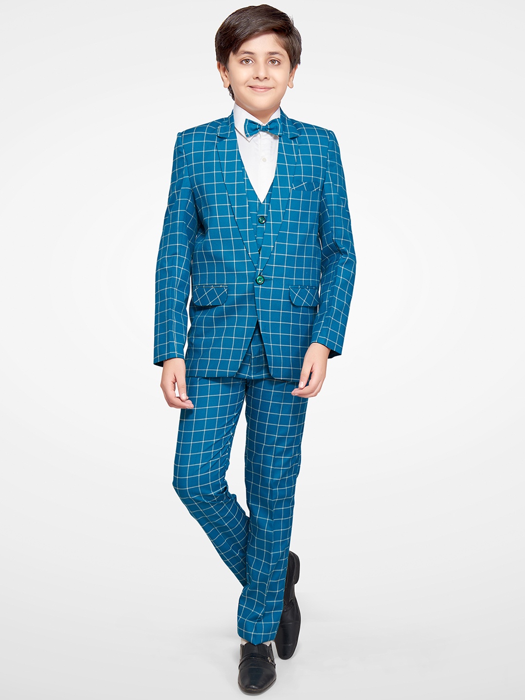 

Jeetethnics Boys Blue Checked 4-Piece Single Breasted Formal Suit