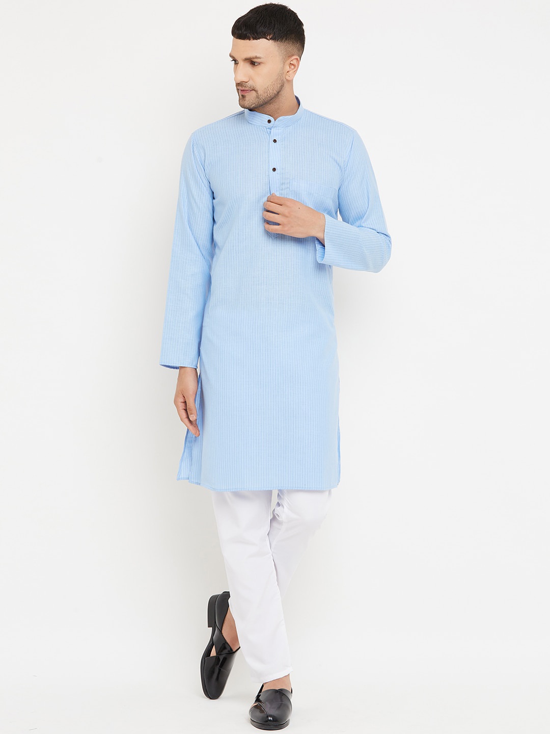 

Armaan Ethnic Men Blue Striped Cotton Straight Kurta