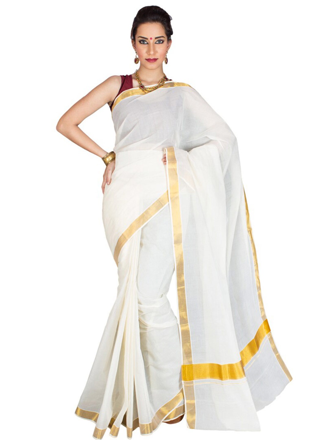 

KALINI White & Gold-Toned Zari Pure Cotton Kasavu Saree