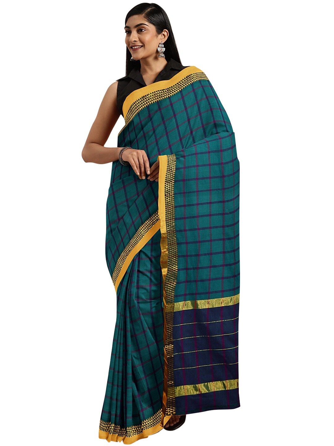 

KALINI Teal & Gold-Toned Checked Zari Pure Cotton Venkatgiri Saree